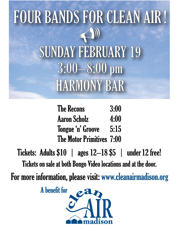 Poster for the CAM benefit, Sunday Feb.19 3pm at the Harmony Bar